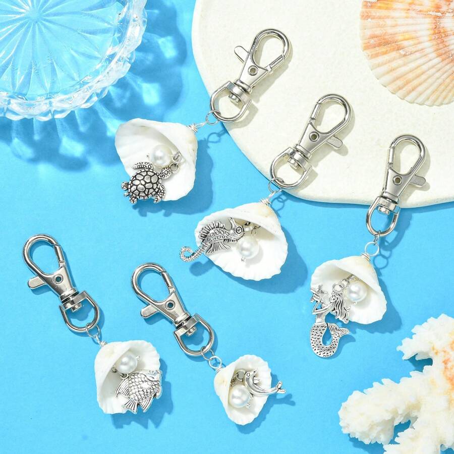 5pcs Shell & Ocean Theme Alloy Pendant Decorations, With Alloy Swivel Lobster Claw Clasps, Antique Silver Color, 75~88mm, 5pcs/Set ,For Car Key Bag Ornament