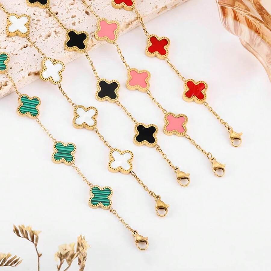 Pulseira de aço inoxidável com quatro flores, elegante e minimalista, com novo design, dupla face, madrepérola, quatro folhas, flor, titânio, 1 peça