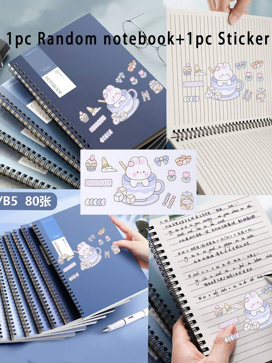 1 pièce Cahier à spirale avec stickers mignons de bande dessinée, cahier de voyage ligné à couverture rigide, bloc-notes mémo, carnet de croquis, thème entreprise/école, fournitures scolaires, rentrée scolaire