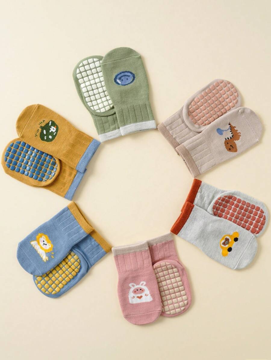 6 Pairs Glue Dotted Kids Boat Socks, Adorable Animal Pattern Breathable Infant Baby Socks, Unisex