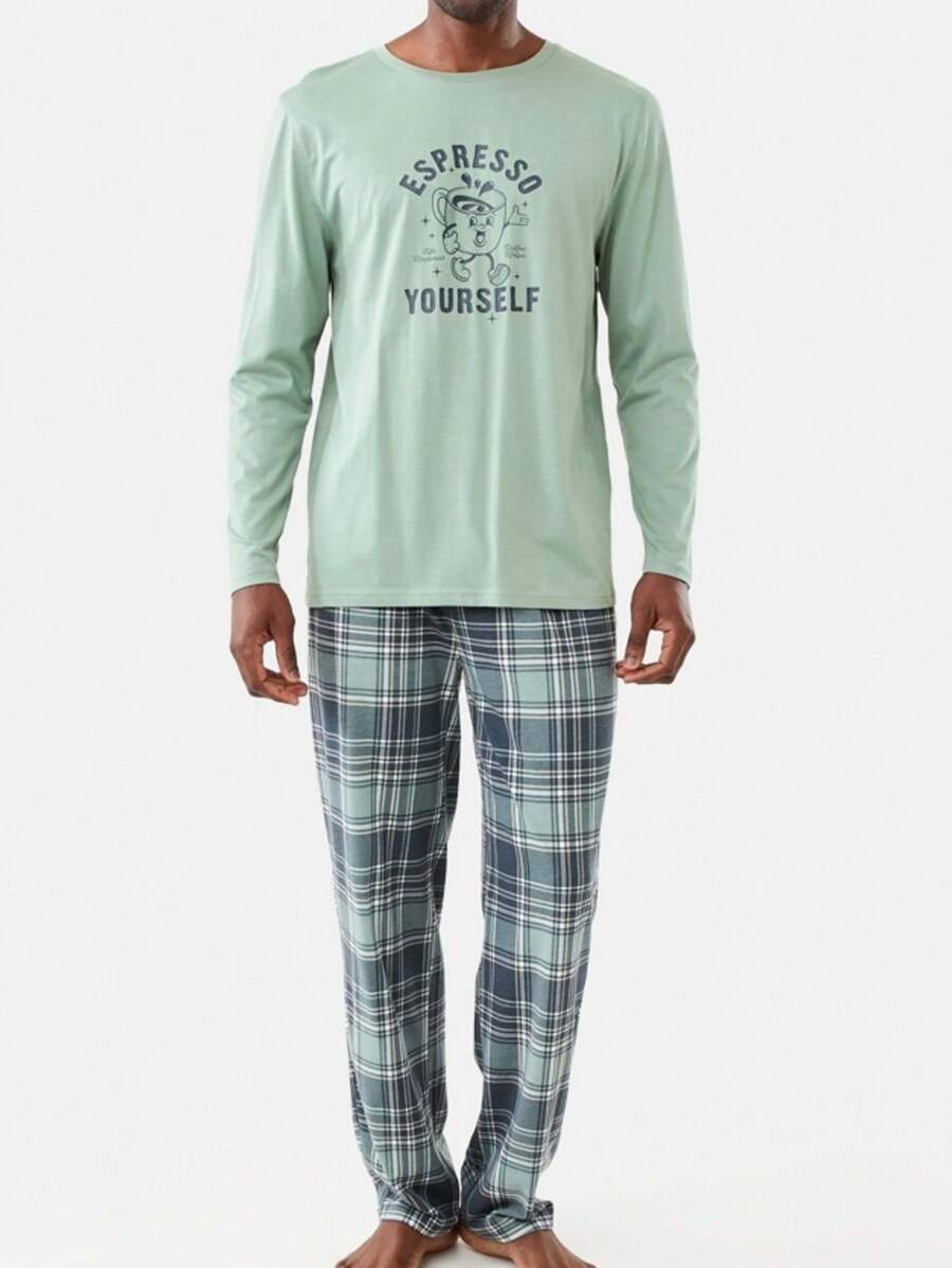 2pcs Men Sleepwear Set, Cartoon Letter Printed Long Sleeve Top And Plaid Printed Bottoms, Casual And Comfortable Loungewear Suit For Spring And Autumn