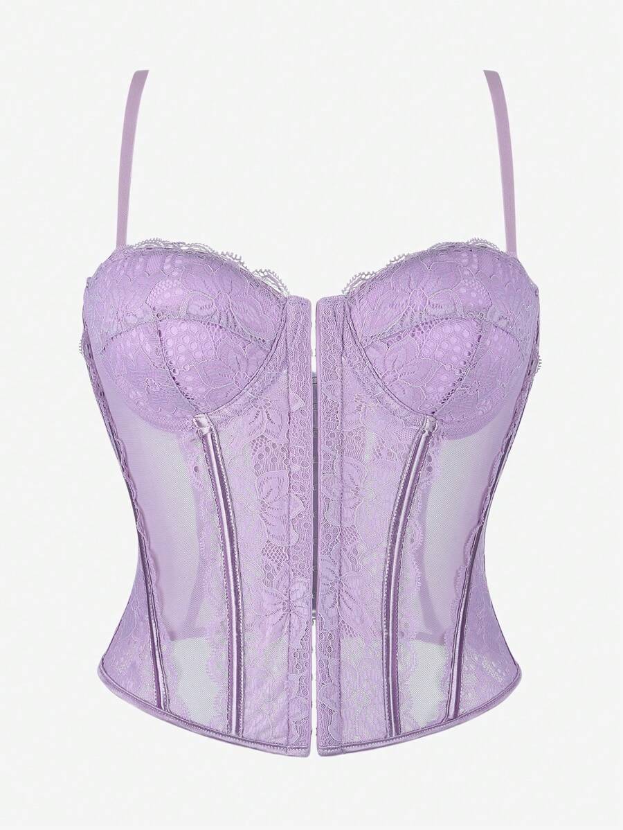 Top de corsé de malla y encaje para mujer, corpiño ajustable negro con broche delantero, cinturón de la cintura
