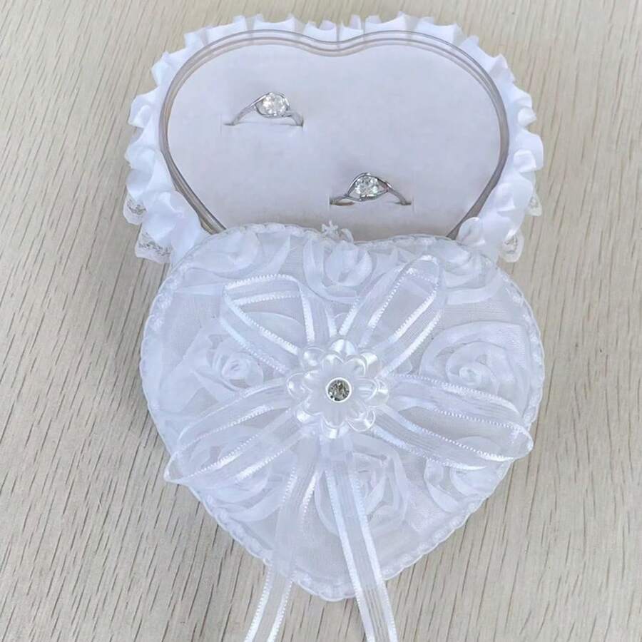 1 pieza Caja de anillo romántica, soporte de anillo de novia blanco (anillo no incluido), caja de anillo de boda, regalo del Día de la Madre/Día de San Valentín, almacenamiento de anillo de ceremonia de boda, suministros de decoración de boda