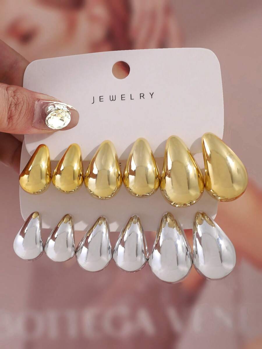 6-18pcs/Set Glossy Geometric Textured Water Drop Gold Elegant Bohemian Earrings Set,Suitable For Family & Friends Holiday Gift