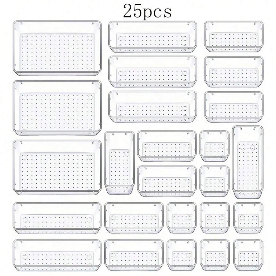 Set organizador de cajones de plástico transparente, 1 pieza/set, 11 piezas/set, 16 piezas/set, 25 piezas/set, diferentes combinaciones de sets de organizadores de almacenamiento para mujer, artículos esenciales de viaje, regalo de regreso a clases