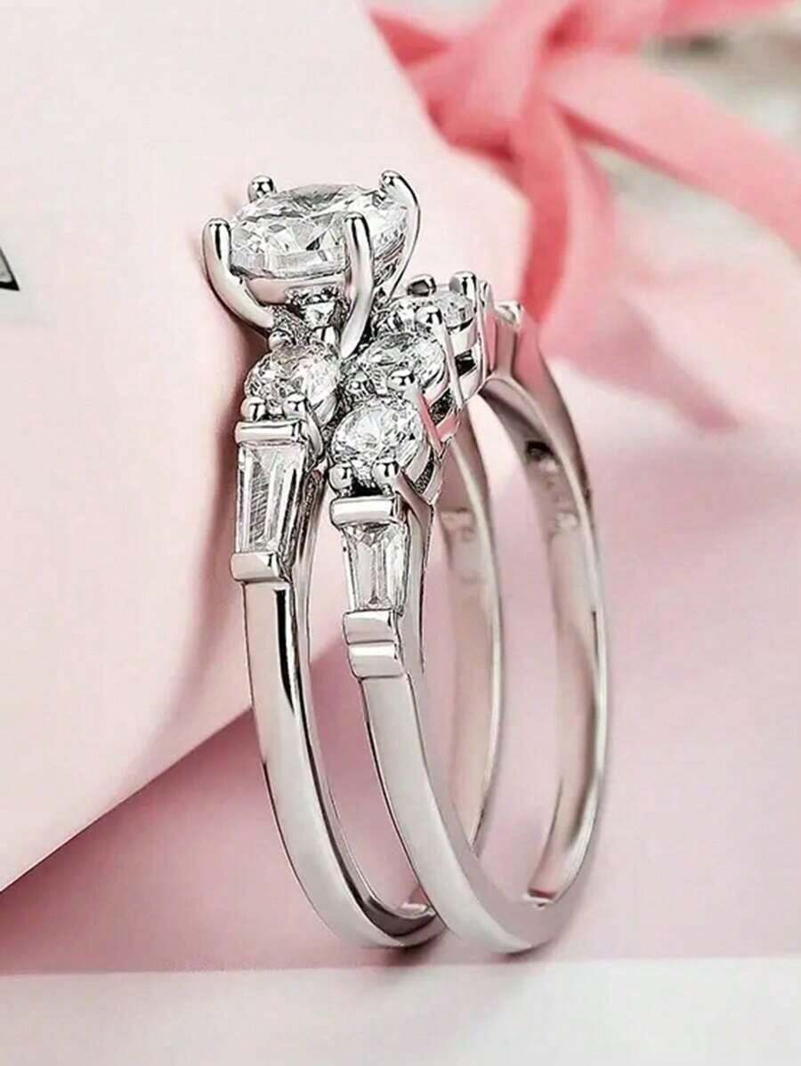 Set de 2 anillos con circonita cúbica elegante para mujer, joyería para San Valentín, boda, aniversario, fiesta
