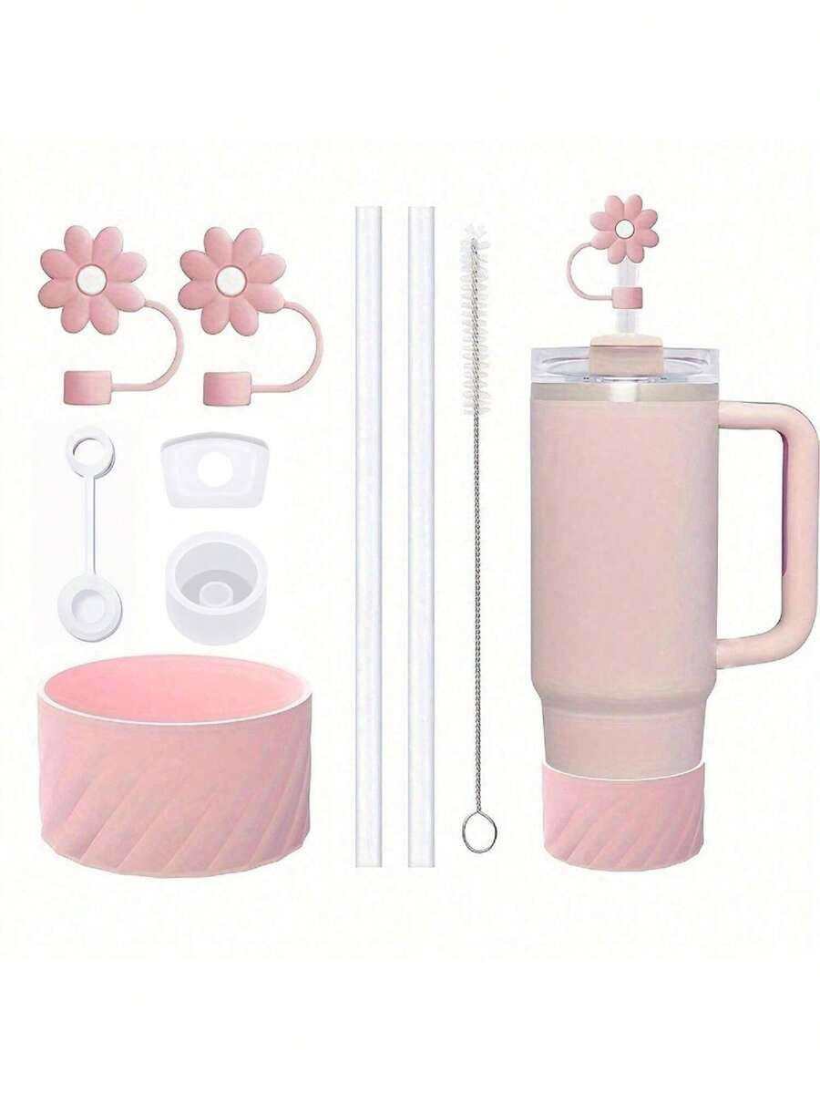 Compatible With Stanley Cup Accessories, 2Pcs Flower Straw Covers 3Pcs Silicone Spill Proof Stopper For Stanley 40oz Tumbler With Lid Handle, Silicone Protective Boot 2pcs Straw And 1pc Brush