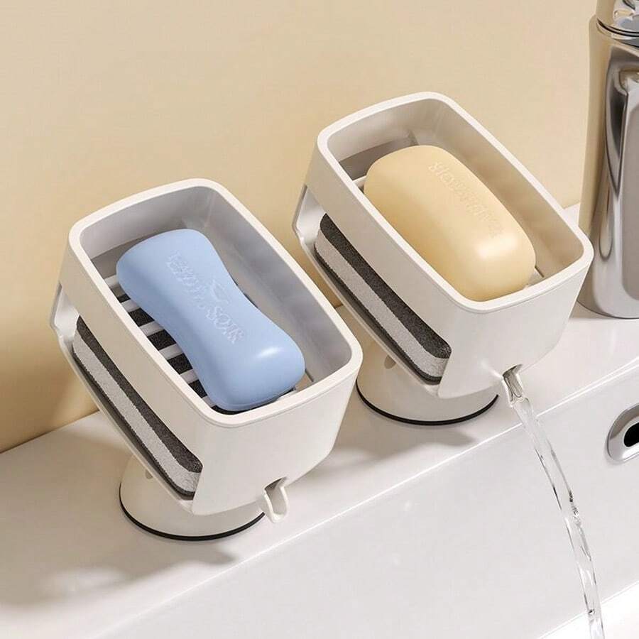 Suction Cup Soap Dish Holder With Rotatable Soap Tray & Drainage Holes, Includes Cleaning Sponge, Suitable For Bathroom, Vanity, Kitchen Back To School