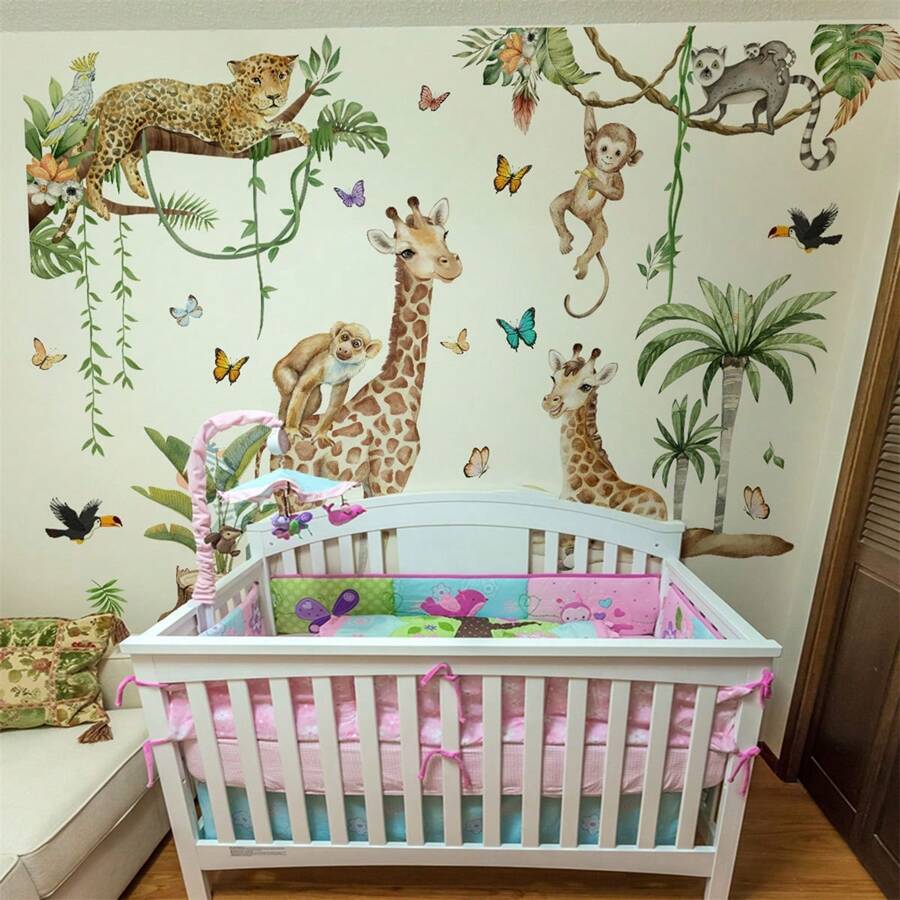 Tropical Animal Printed Wall Stickers, Giraffes, Leopards, Monkeys And Other Animals. Immerse Yourself In Nature