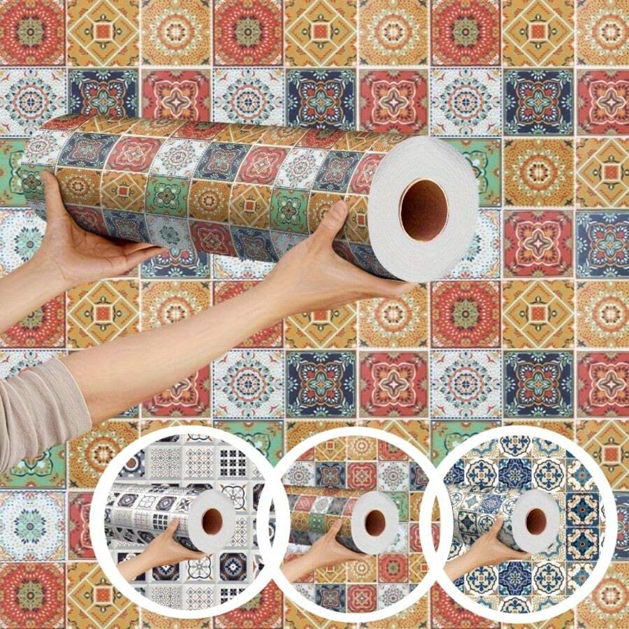 1 Roll Bohemian Tile Sticker Roll Self-Adhesive Waterproof And Oil Resistant Wallpaper, Suitable For Upgrading Kitchen, Bathroom, Cabinet And TV Walls, Made Of Vinyl Material, Randomly Matched With Patterns, Easy To Apply And Remove, Kitchen Wall Decoration | Artistic Wallpaper Design