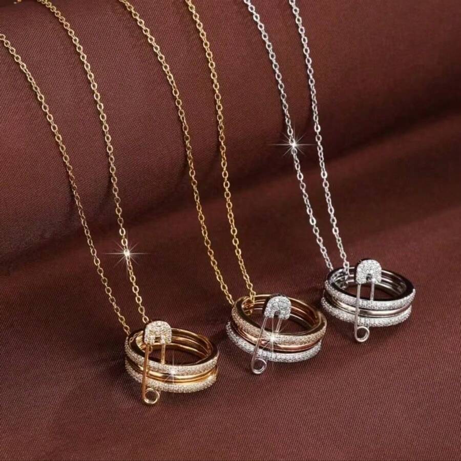 18K Gold Plated Elegant Detachable Three-Color Pin Satckable Circle Pendant Necklace For Women, Cubic Zirconia-Perfect For Party, Anniversary And Daily Wear