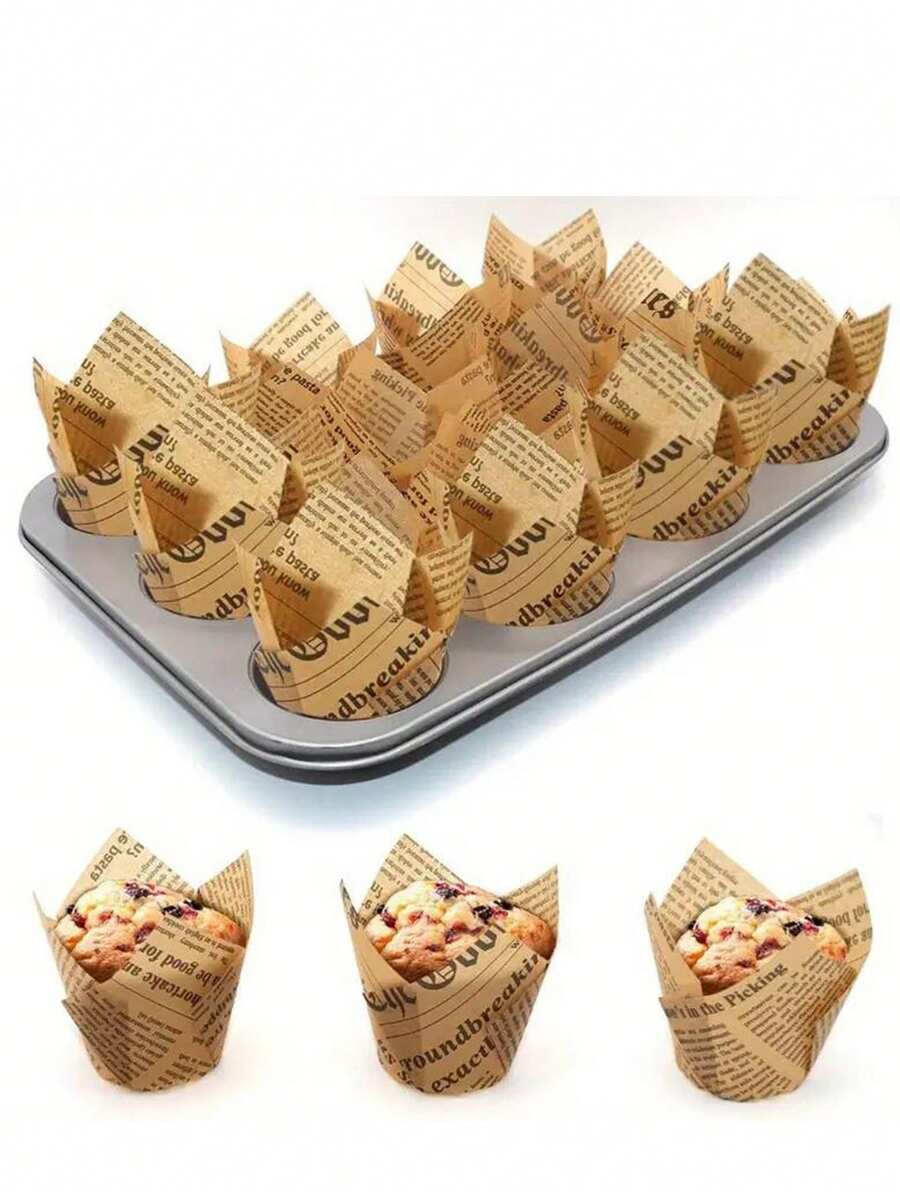 50pcs Brown/White Newspaper Style Greaseproof Paper Cupcake Liners For Muffin Cup
