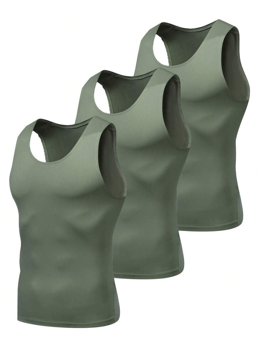 3 Piezas Chaleco conformador verde para hombres, chaleco ajustado de seda de leche, elástico y cómodo para deportes al aire libre, entrenamiento, carrera, baloncesto, fútbol, capa base deportiva de secado rápido, transpirable y cómoda para usar en primavera y verano, regalo