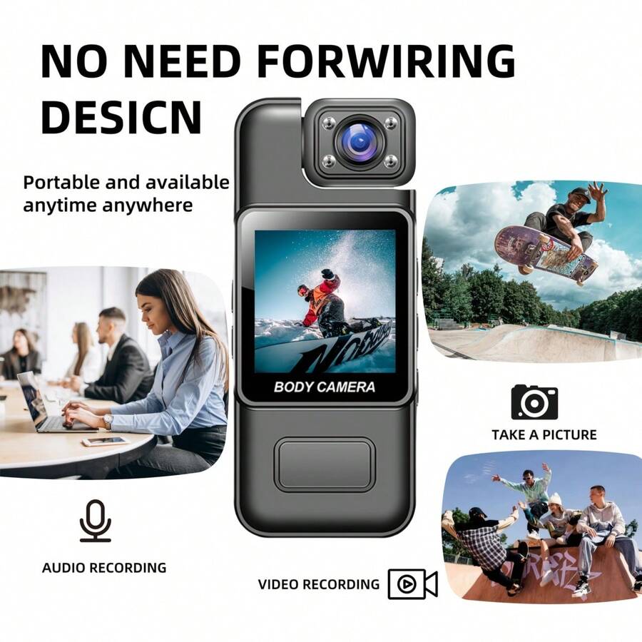 1pc Wearable Camera 1080P HD With 180° Rotatable Lens, LCD Display & Night Vision - Portable USB Rechargeable Body Camera For Security, Sports, Travel, Vlogging, Daily Life - Auto Focus, TF Card, 1000mAh Battery