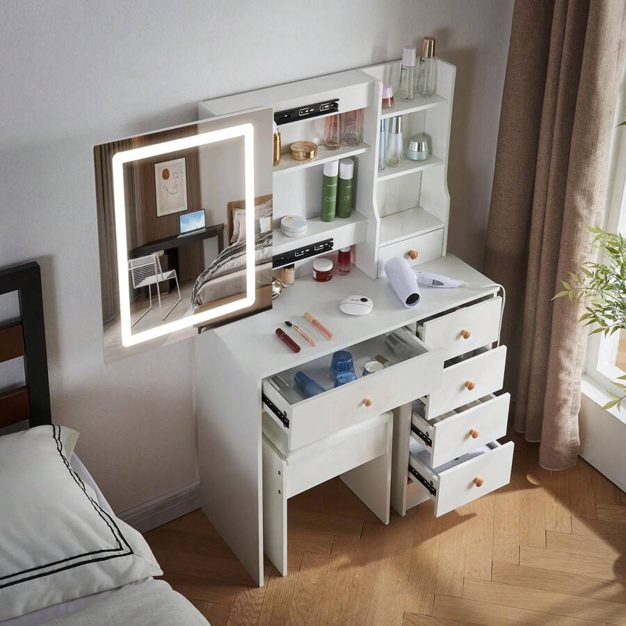 Specchio da trucco a LED in legno massello di lusso scandinavo bianco-crema in stile INS | Postazione di lavoro monoblocco + ampio cassetto portaoggetti | Area trucco da principessa femminile | Nel magazzino | Consegna veloce