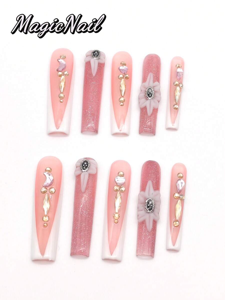 10 Pieces Of Pure Hand-Pressed Wearable Nail, Press On Nails,Nail Supplies,Nails Ptess On,Beach Essentials,55mm-Length Nail Pieces, Flesh-Colored White Dark V-Shaped, Hand-Kneezed Convex Petals With Metal Jewelry Flower Heart, Moon-Shaped Rhinestone