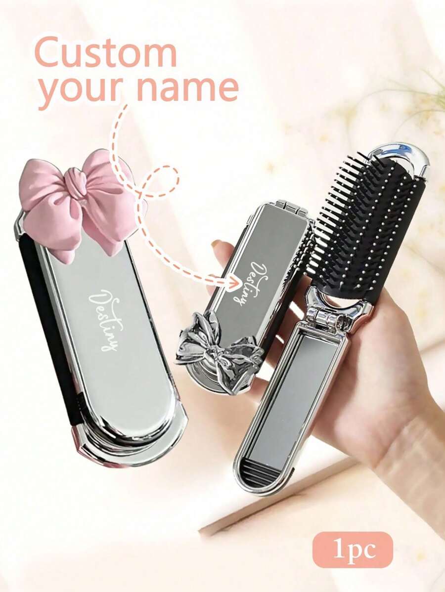 1 Luftkissen Massage Kamm mit individualisiertem Namen, Schleifen Reisekamm, Faltbarer Kamm mit Spiegel, personalisierter Laser gravierter faltbarer Luftkissen Haarbürste, individualisierter tragbarer Reisekamm, Mini Kamm, 2-in-1 tragbarer Spiegel