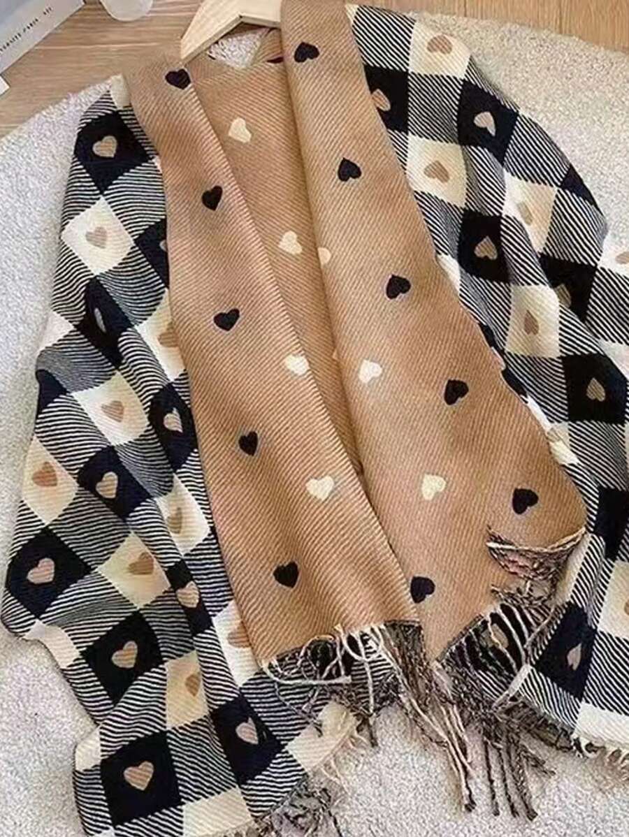 Lenço Reversível de Cashmere-Feel Xadrez Tartan para Mulheres, Xale Unissex Quente para Outono/Inverno, Lenço de Enrolar Fashionável de Dupla Face em Formato de Coração para Senhoras, Lenço Grande Macio e Confortável de Inverno