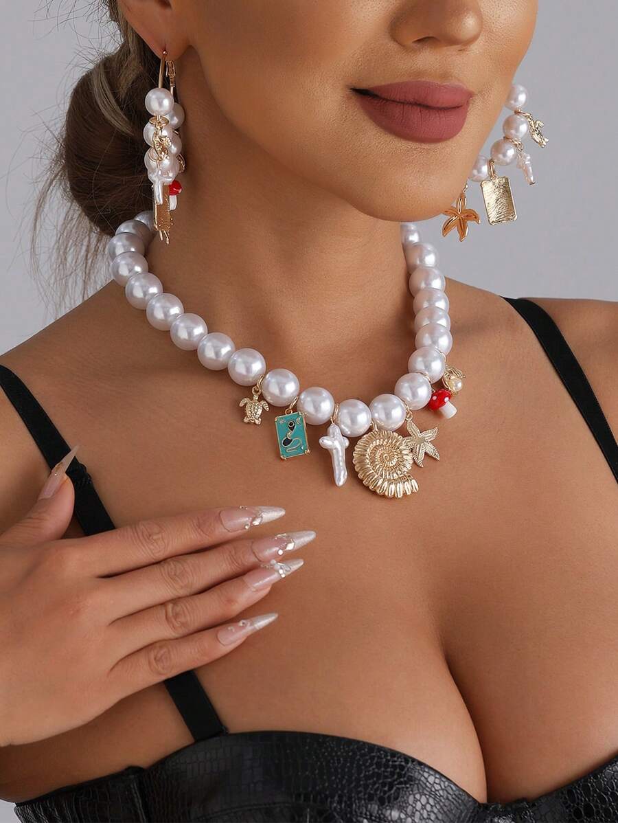 Faux Pearl Marine Life Necklace And Earring Set, With Assorted Charms - Starfish, Shell, Turtle, Mushroom Jewelry Set