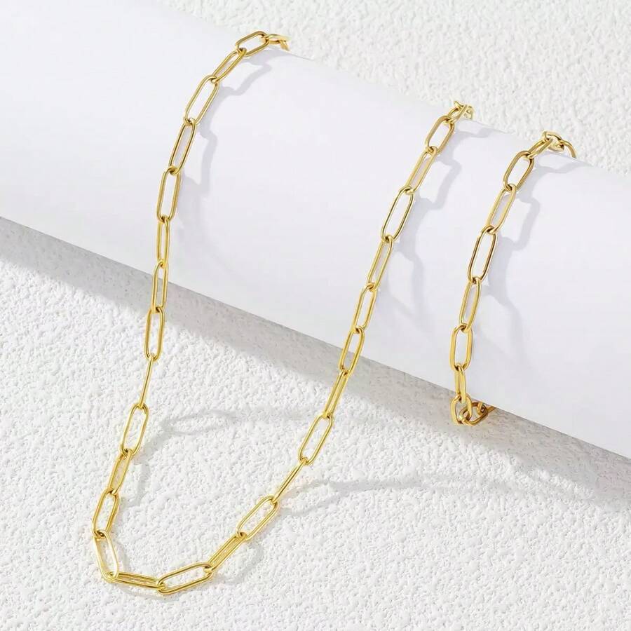 1 Set Minimalist Paperclip Shaped Stainless Steel Necklace And Bracelet Jewelry Set, Suitable For Women's Daily Outfit Or As A Mother's Gift