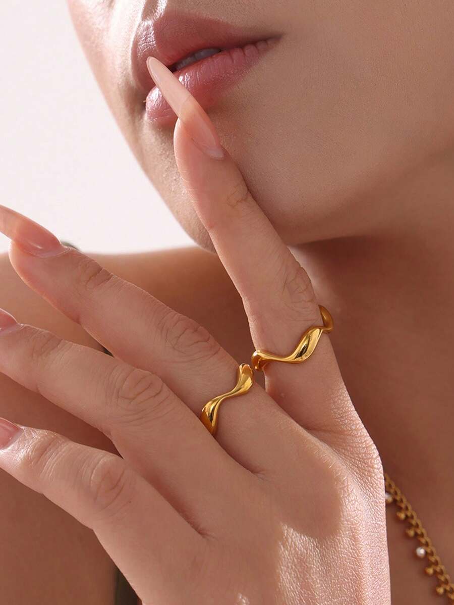 Anel minimalista com formato de onda irregular, curva, banhado a ouro 18k, aço inoxidável, aberto, ajustável, joia diária, presentes de aniversário de casamento