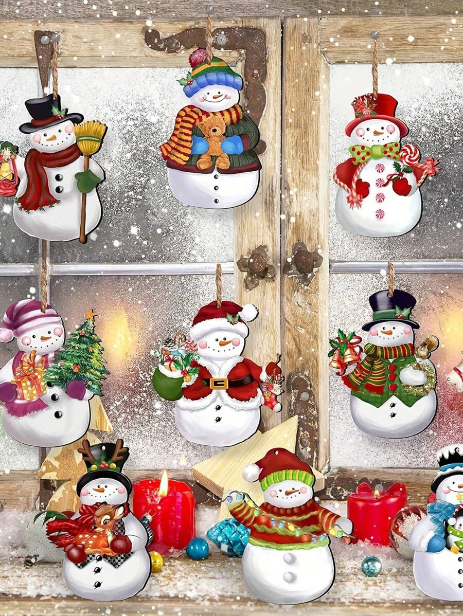 12 pièces Décorations de Noël en bois bonhommes de neige, décorations d'arbre de Noël en bois, fournitures pour fête de Noël