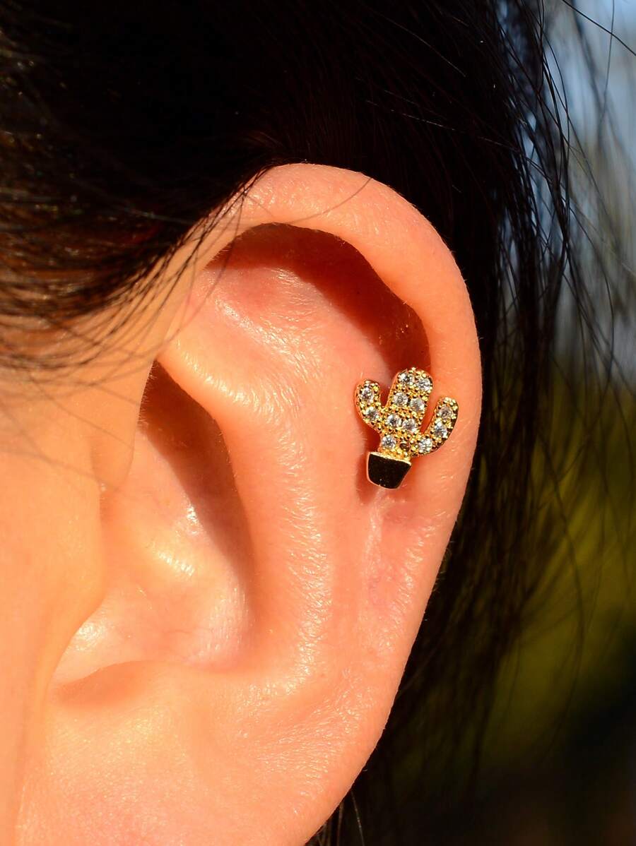 1 pièce Boucles d'oreilles à clous de cactus mini mignon de couleur argent pour femmes. Mode, pour cartilage, tragus, lobe, daith, hélix, conque et perçage corporel.
