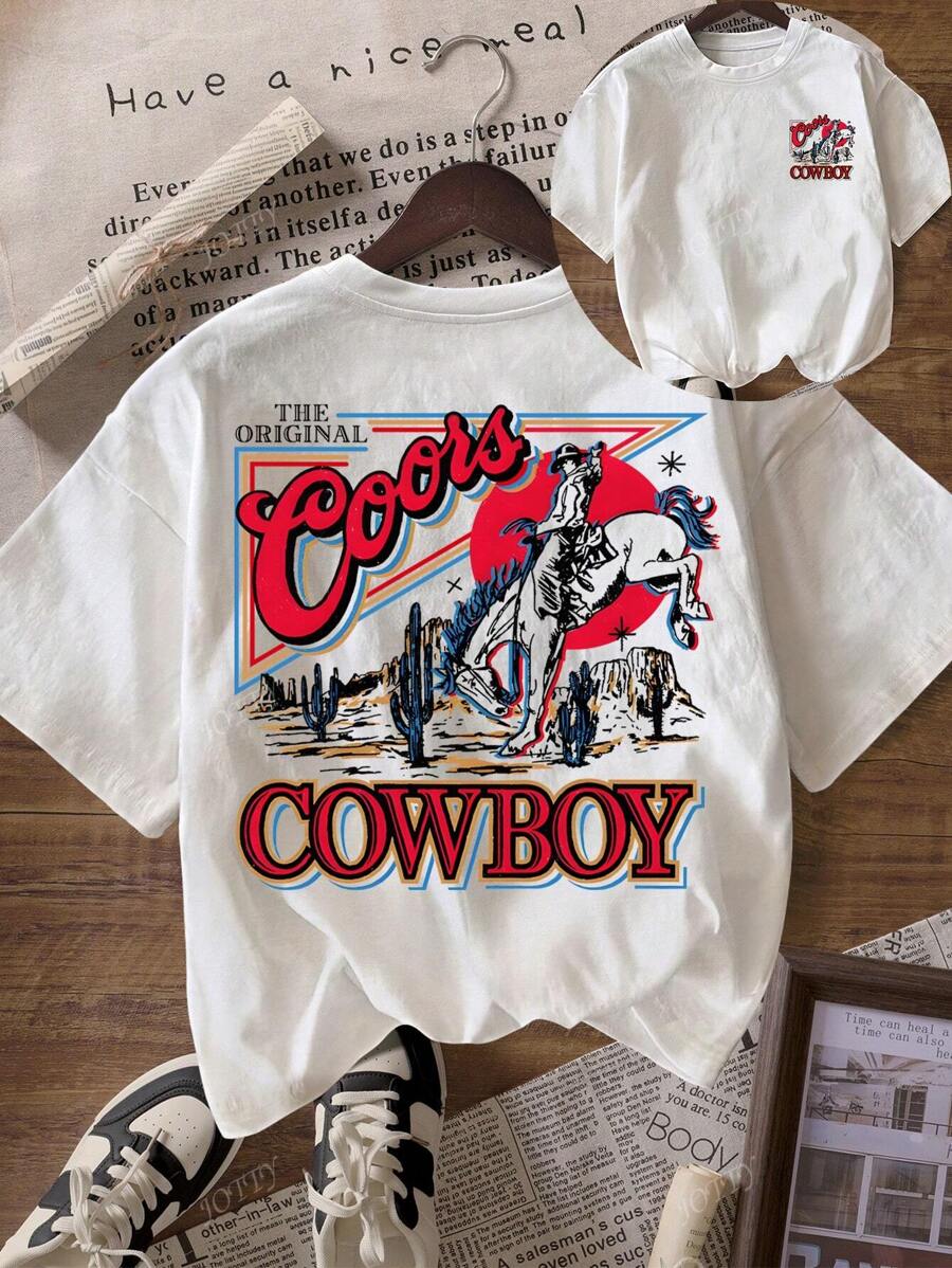 T-shirt casual a girocollo stampata in stile western cowboy, comoda