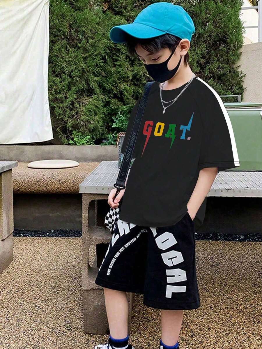 1 pieza Camiseta de manga corta con estampado y contraste de rayas para adolescentes varones, para uso casual al aire libre en primavera/verano/otoño