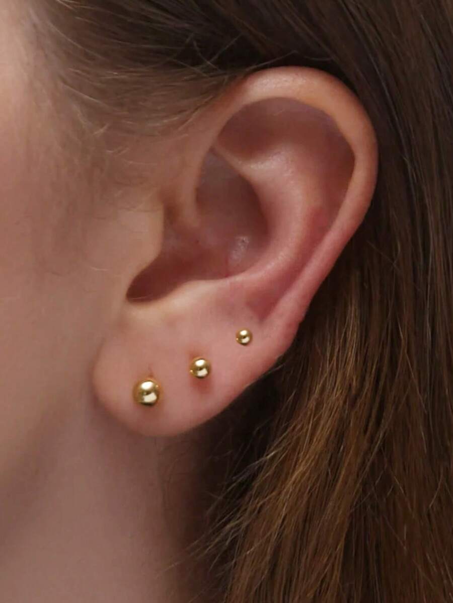 3 Pairs 14K Gold Plated Ball Stud Earrings Set, 3mm, 4mm, And 5mm, Delicate And Hypoallergenic Cartilage Earrings, Suitable For Daily Wear, Parties, And Gifts