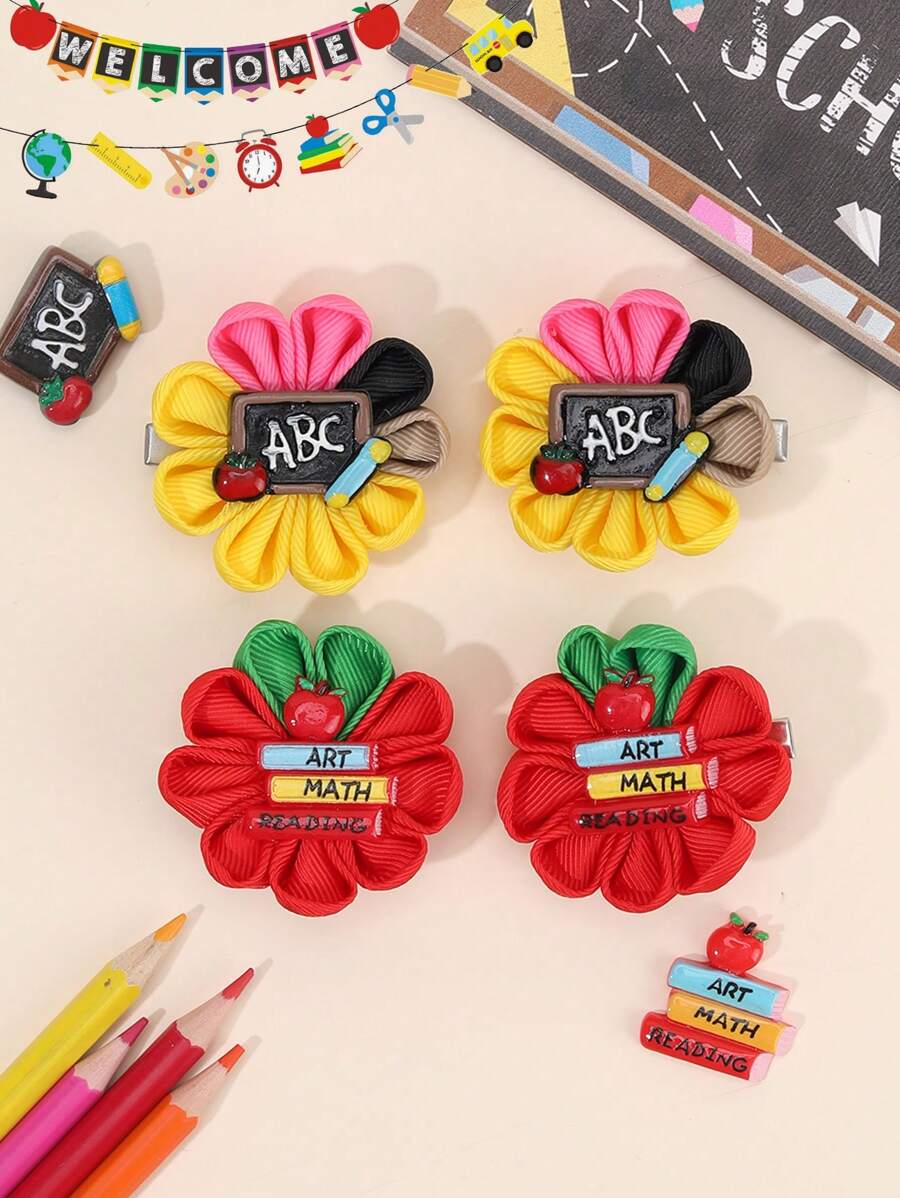 4 Stück Rückkehr zur Schule Haarklammern für Frauen, blumenförmige Alligatorklammern, Apfel-Buchstaben-Haarklammern, Barrettes für den ersten Schultag, Geschenk für das neue Semester, Haarnadeln, Frauenhaar-Accessoires, flache Krallenclips, Haarspangen, Haarklammern