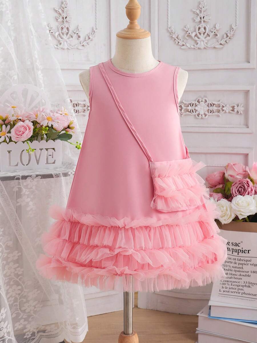Vestido para niñas, vestido de verano, Vestido rosa de malla de moda para chicas, Vestir de princesa con decoración de dobladillo de encaje + Decoración de cordón, Incluye bolso, Vestimenta de fiesta para exteriores, vacaciones, viajes