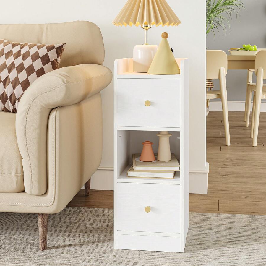 Hzuaneri Comodino, Tavolino Stretto con 2 Cassetti, Comodino con Scomparto Aperto, Posizione del Cassetto Regolabile per Camera da Letto, Soggiorno, 30 x 24 x 65 cm Bianco