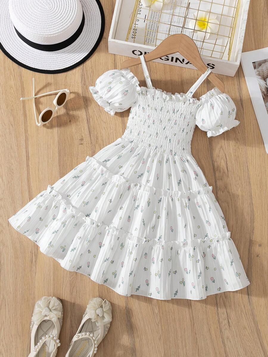 Vestido corto con estampado floral, tirantes descubiertos, mangas cortas y dobladillo con volantes, para niña, uso casual diario/al aire libre en verano