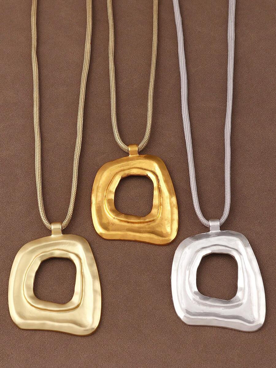 1 Piece Fashion Silver Gold Color Asymmetrical Hollow Open Square Shape Pendant Rope Necklace For Women's Daily Wear 18"+2" Extend Chain
