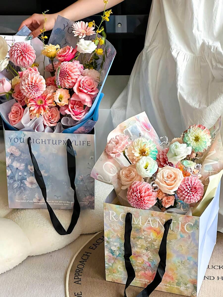 2 Stücke/5 Stücke modischer großer Blumen Geschenktüte im Ins-Stil, enthält Grußkarten, Ins-Stil, luxuriös, hochwertig, Geschenktüte, geeignet für Wohndekoration, Hochzeitsgeschenke, Hochzeitsjahrestags-Geschenke, Geschenke für die Freundin, Muttertagsgeschenke, Valentinstags-Geschenke, Geburtstagsgeschenke, Hochzeitsfeiern.