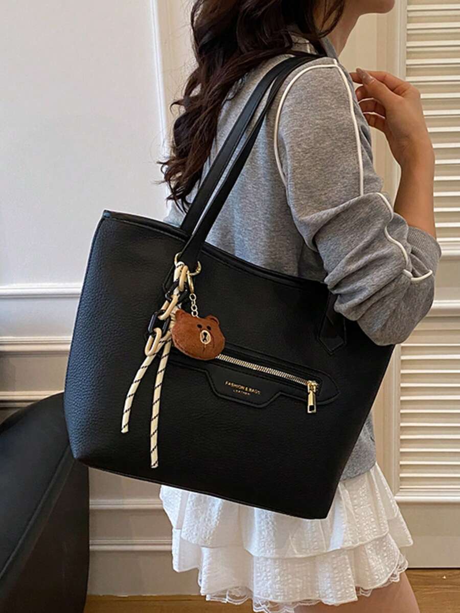 1 pezzo Borsa a tracolla tote di grande capacità, minimalista, borsa da scuola/viaggio casual con cerniera e decorazione a pendente a cartone animato