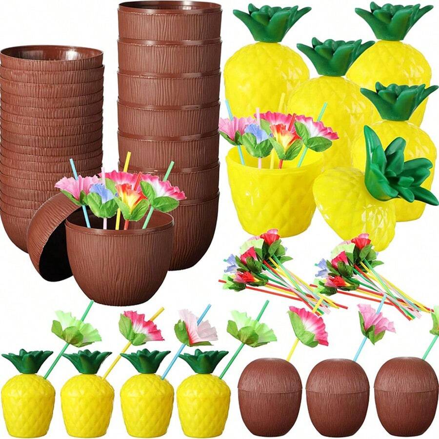 Juego de decoración para fiesta hawaiana - Vaso de coco de plástico de gran capacidad con pajita, diseño tropical de flores y piña, reutilizable, apropiado para celebraciones temáticas, decoración de fiestas | Tema tropical | Vasos de fiesta reutilizables fáciles de limpiar, accesorios para la piscina | Estilo tropical | Vasos de plástico duraderos, decoración de fiesta hawaiana
