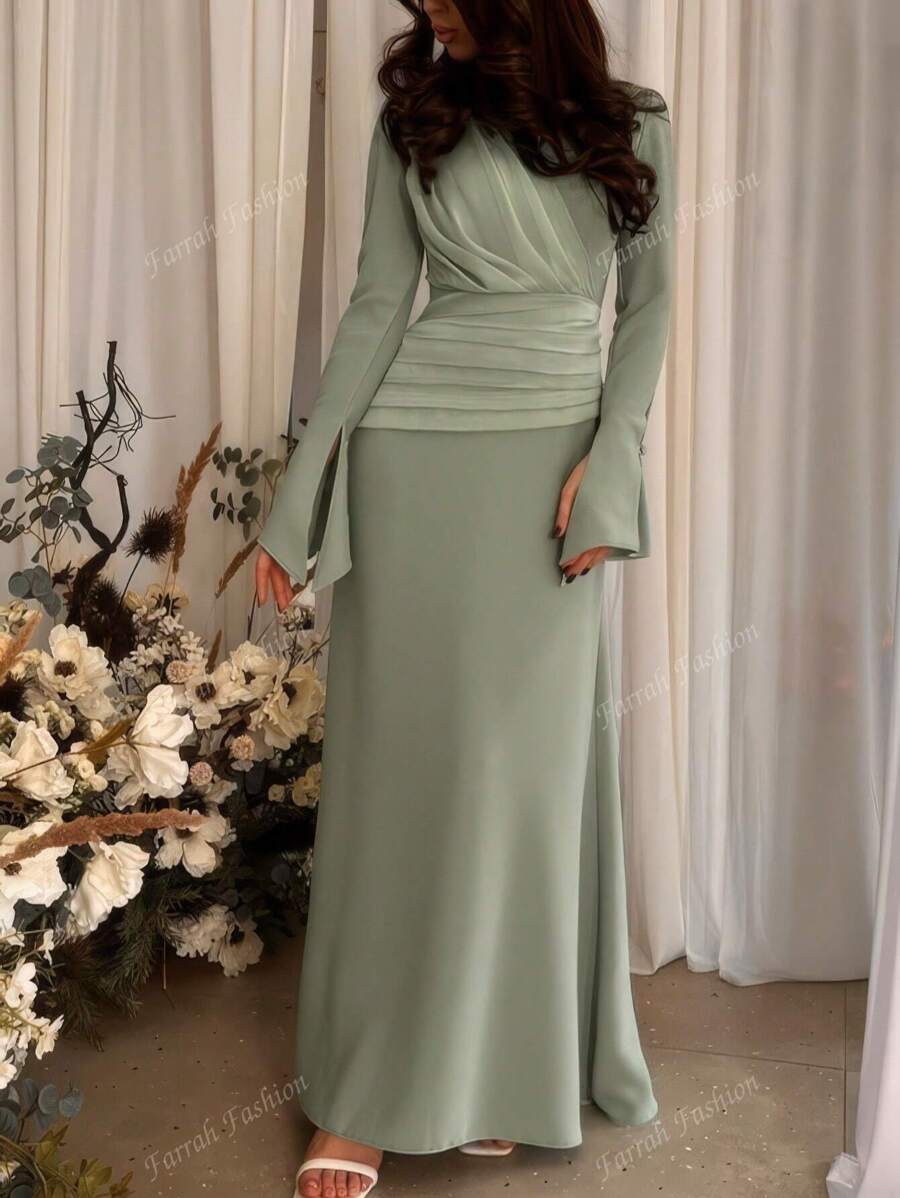 1pc Pea Green Elegant Wedding Guest Long Dress With Long Sleeves For Women,Modest