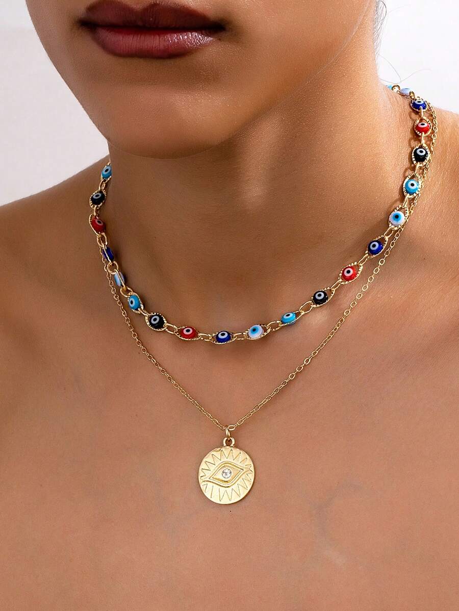 Set de 2 collares con ojos de demonio de varios niveles y rinestones coloridos en estilo hipster