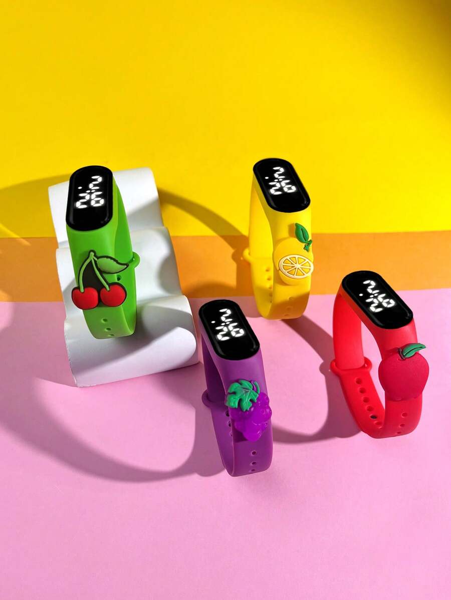 4 piezas Reloj electrónico infantil con combinación de frutas, moda personalizada, regalo para amigos, reloj deportivo con pantalla digital para estudiantes
