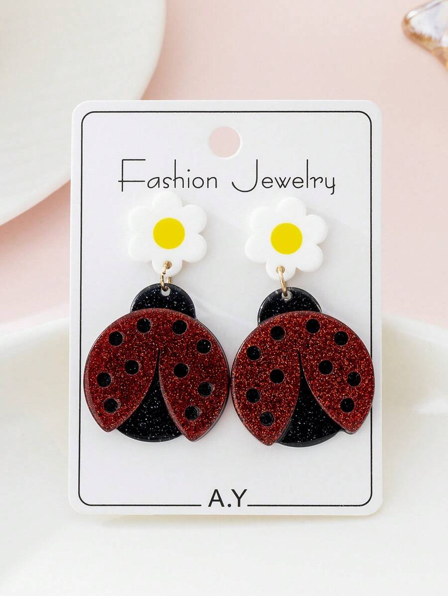 1 par de brincos de acrílico com design de joaninha adorável para mulheres