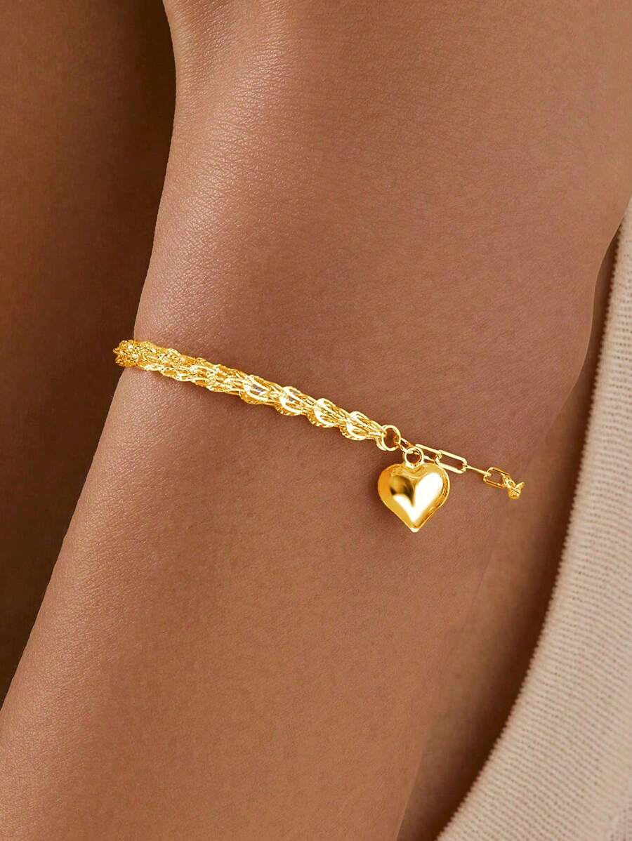 1pc 925 Sterling Silver Fashionable 3D Heart Pendant & Curb Link Bracelet, Surprise Gift For Mom On Mother's Day