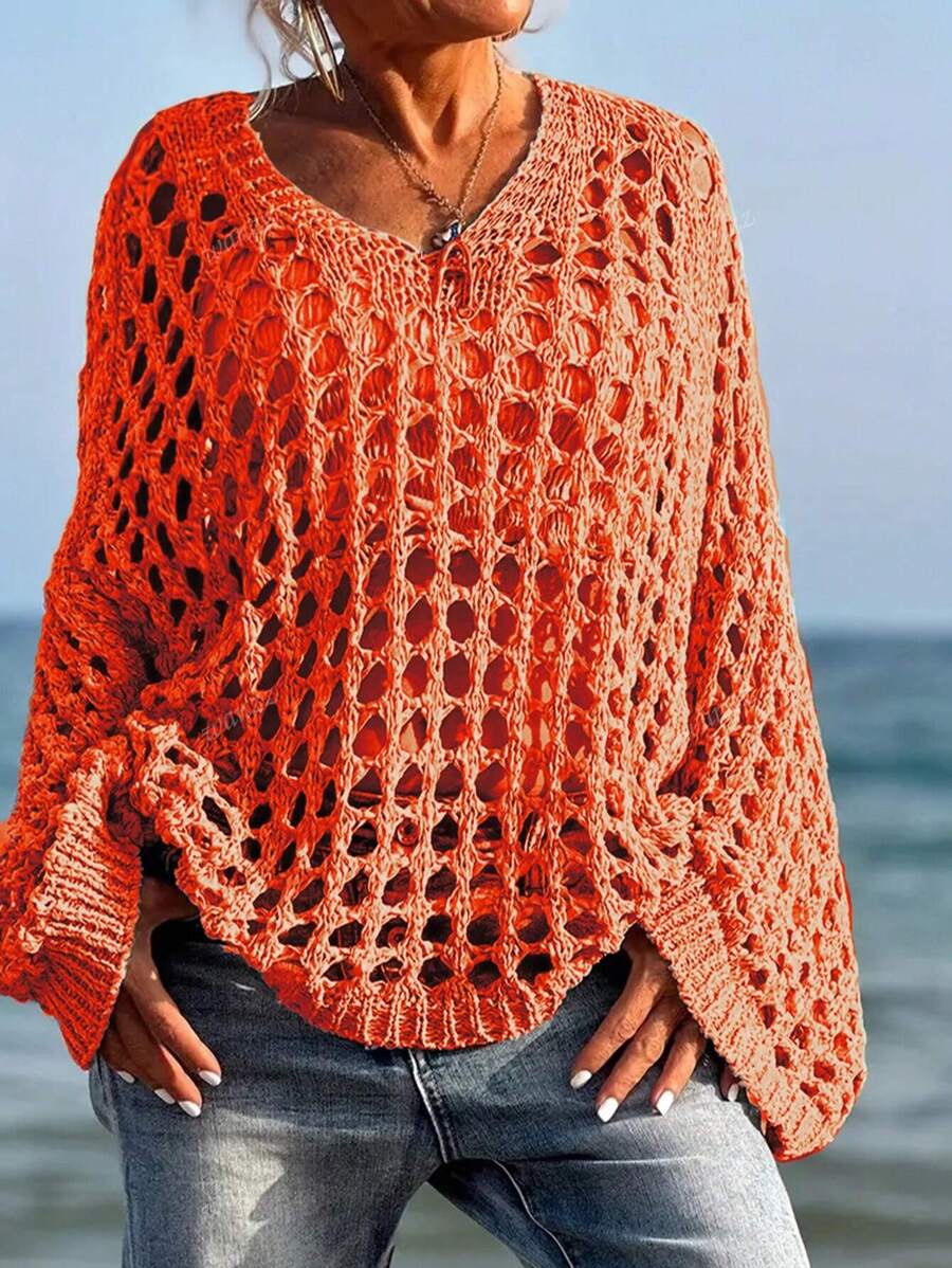 Plus Size Women Spring/Summer Solid Color Hollow Knitted Loose Oversize Casual Beach Holiday Cover Up