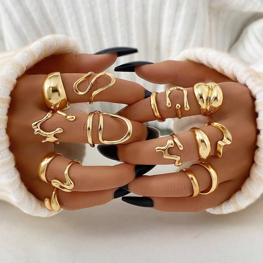 15pcs Metal Material Asymmetrical Shaped Ring Set For Women's Daily Leisure, Gatherings And Travels, Simple And Versatile