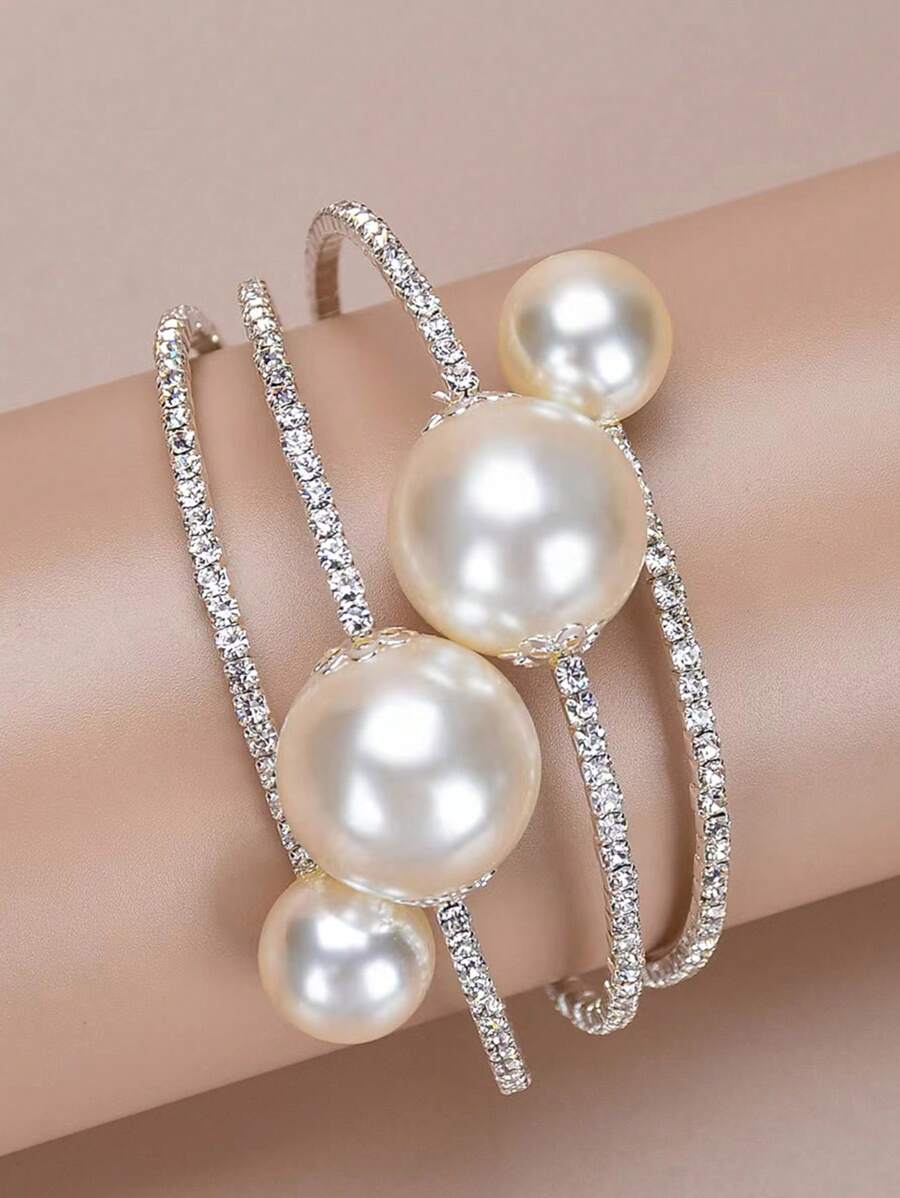 1 pièce Bracelet Manchette avec 3 rangées de perles et de strass sertis, Bracelet polyvalent en cristal