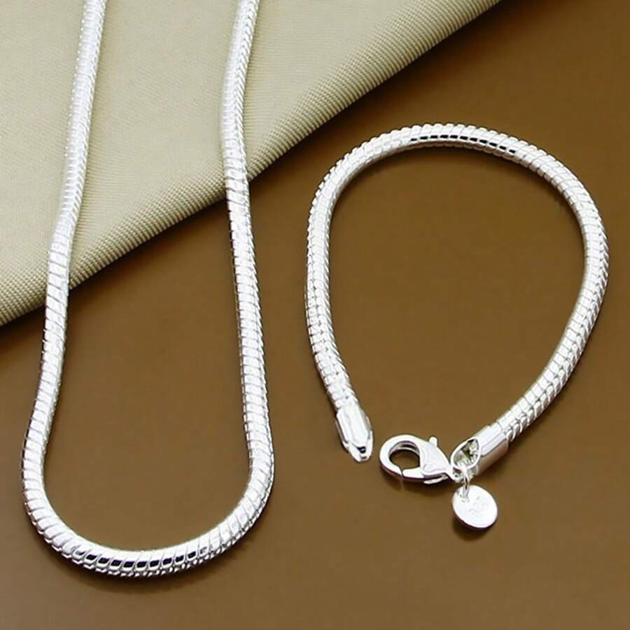 Juego de joyería de plata de ley 925 de alta calidad que incluye un collar y pulsera de cadena de hueso de serpiente de 3 mm de grosor, para hombres y mujeres