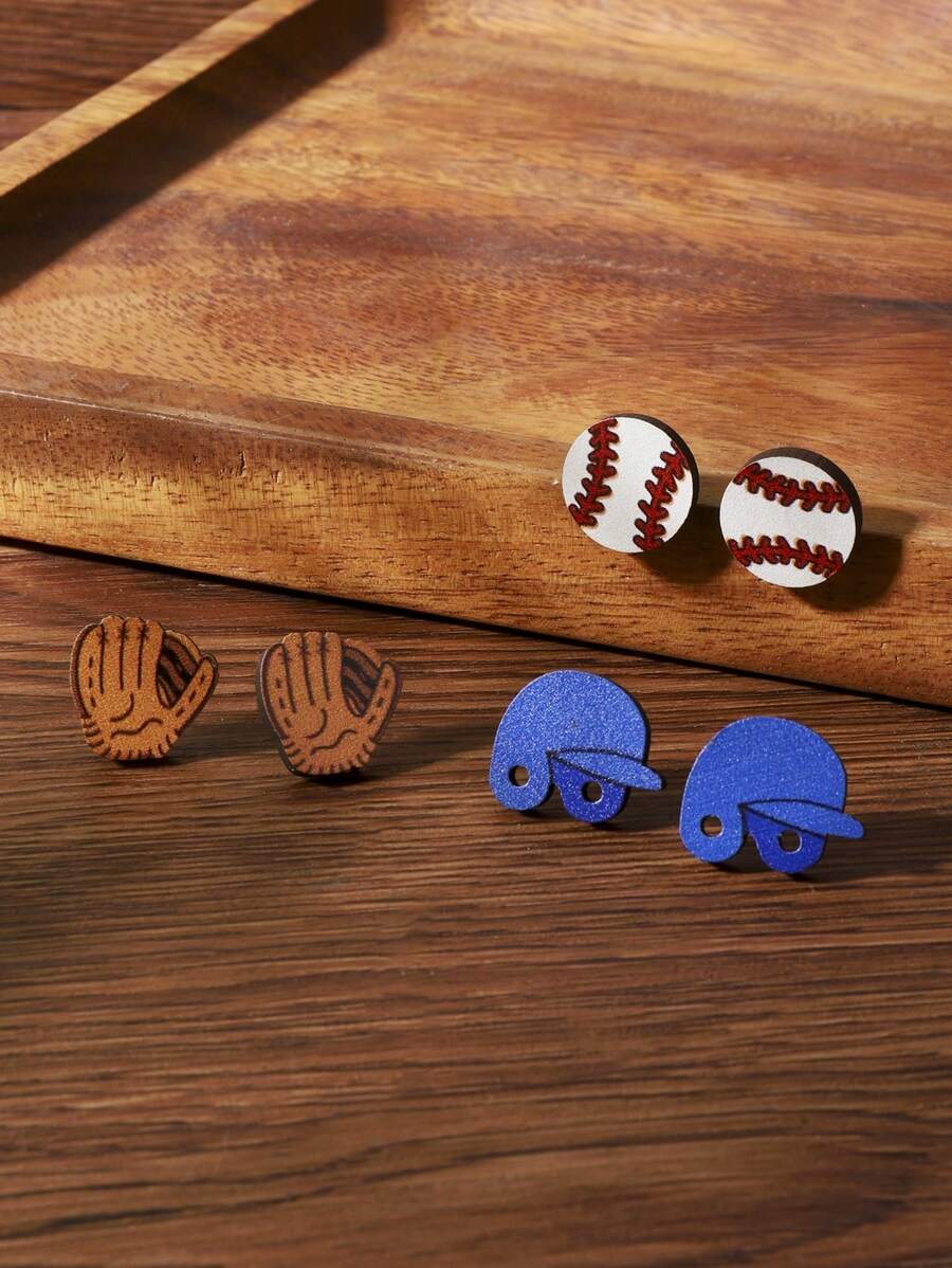 Set de 3 piezas Pendientes casuales con diseño de gorra de béisbol, casco y guante para mujeres y niñas como accesorio de joyería
