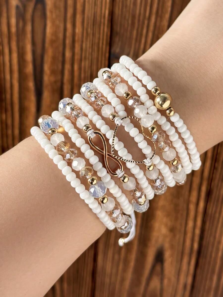 10 pièces Ensemble de bracelets fantaisie faits main avec perles, bracelet pour femme avec cœur infini. Accessoires de bijouterie.