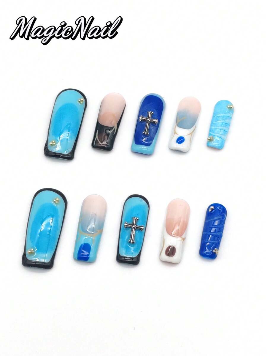 10 Pieces Of Pure Hand-Pressed Wearable Nail, Press On Nails,Nail Supplies,Nails Ptess On,Beach Essentials,33mm Long Nail Pieces, Blue Gradient, Pink And White Contrasting Color, Metal Cross Ornaments, Hand-Painted Gold Lines, Raised Lines Decoration